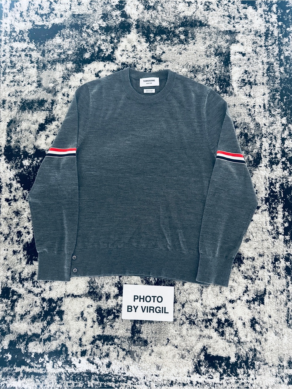 Thom Browne Men's Gray Light Crewneck Sweater with Sleeve Stripes 100% Authentic